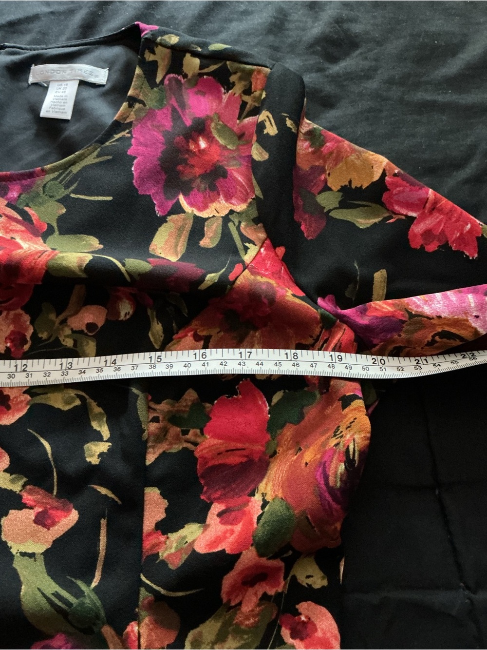 London Times Black Floral 3/4-Sleeve A-Line Dress with Pink and Red-Orange Roses - Picture 8 of 11